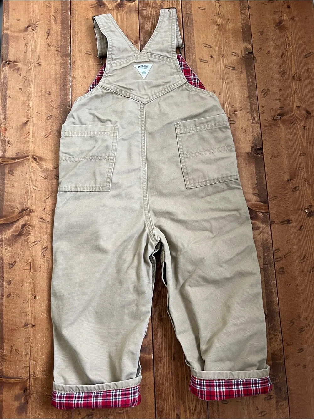 OshKosh B’Gosh Canvas Overalls 24 Months Tan 100% Cotton Plaid Trim